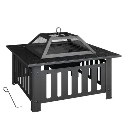 Brasero Exterior de Acero Cuadrado 67x67x47 cm Brasero Exterior Jardín con Atizador Tapa de Malla para Fiesta Negro - Ogal.Es