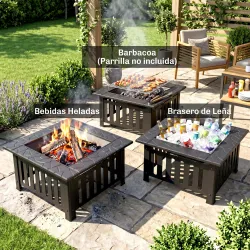 Brasero Exterior de Acero Cuadrado 67x67x47 cm Brasero Exterior Jardín con Atizador Tapa de Malla para Fiesta Negro - Ogal.Es