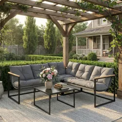 Conjunto de Jardín Exterior con Cojines Gruesos 2 Sofás de 2 Plazas Sofá de Esquina y Mesa de Centro de Vidrio Gris - Ogal.Es