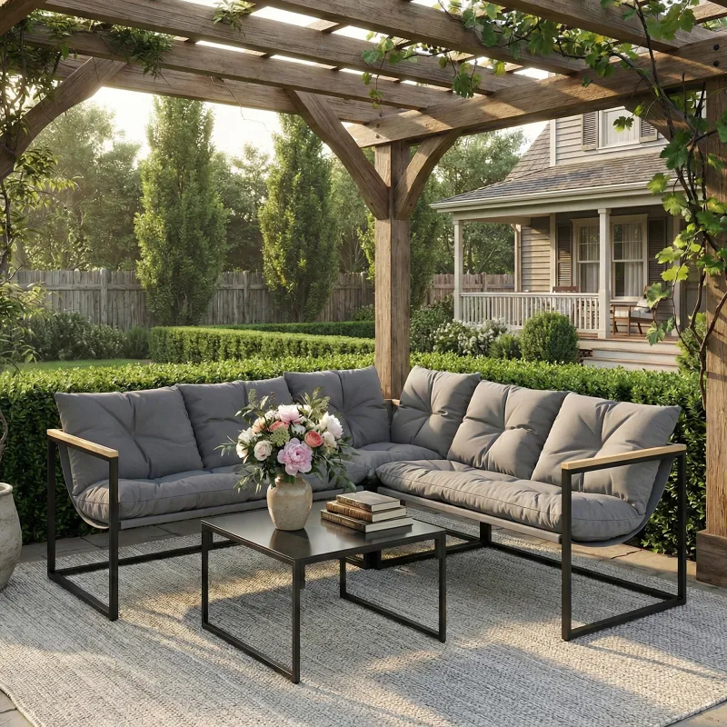 Conjunto de Jardín Exterior con Cojines Gruesos 2 Sofás de 2 Plazas Sofá de Esquina y Mesa de Centro de Vidrio Gris - Ogal.Es