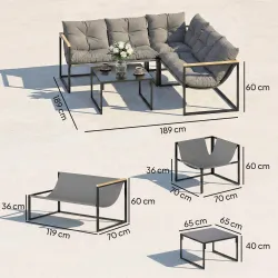 Conjunto de Jardín Exterior con Cojines Gruesos 2 Sofás de 2 Plazas Sofá de Esquina y Mesa de Centro de Vidrio Gris - Ogal.Es
