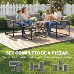 Conjunto de Jardín Exterior con Cojines Gruesos 2 Sofás de 2 Plazas Sofá de Esquina y Mesa de Centro de Vidrio Gris - Ogal.Es
