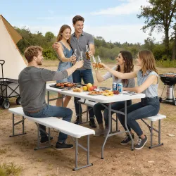 Conjunto de Camping Plegable de Mesa y Bancos Asas para Exterior 180x74x74 cm y 182x28x42 cm Blanco - Ogal.Es