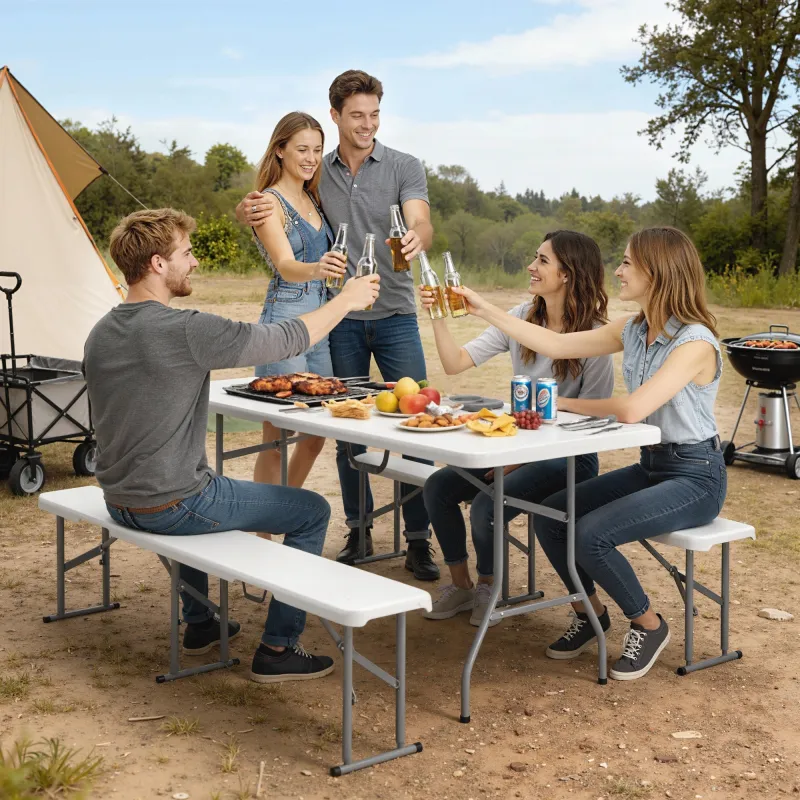 Conjunto de Camping Plegable de Mesa y Bancos Asas para Exterior 180x74x74 cm y 182x28x42 cm Blanco - Ogal.Es