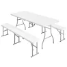 Conjunto de Camping Plegable de Mesa y Bancos Asas para Exterior 180x74x74 cm y 182x28x42 cm Blanco - Ogal.Es