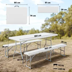 Conjunto de Camping Plegable de Mesa y Bancos Asas para Exterior 180x74x74 cm y 182x28x42 cm Blanco - Ogal.Es