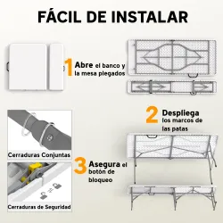 Conjunto de Camping Plegable de Mesa y Bancos Asas para Exterior 180x74x74 cm y 182x28x42 cm Blanco - Ogal.Es