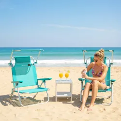 Juego de 2 Sillas de Playa Plegables con Dosel Ajustable Respaldo Reclinable en 6 Posiciones Reposacabezas Turquesa - Ogal.Es