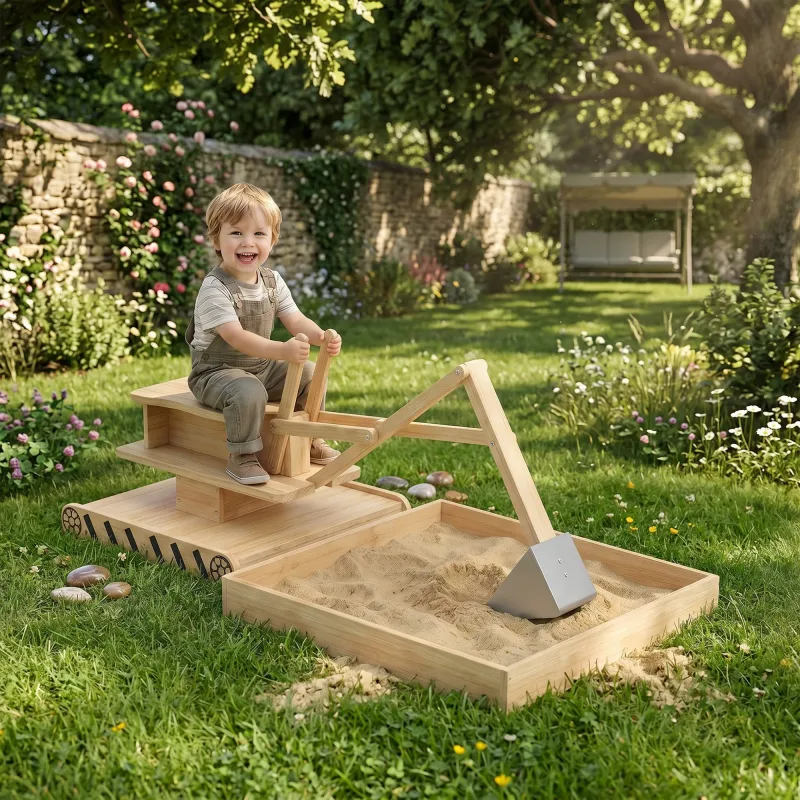 Arenero para Niños de Madera con Excavadora Arenero Infantil con Asiento Giratorio 360° y Forro 184x90x56 cm Nat... - Ogal.Es