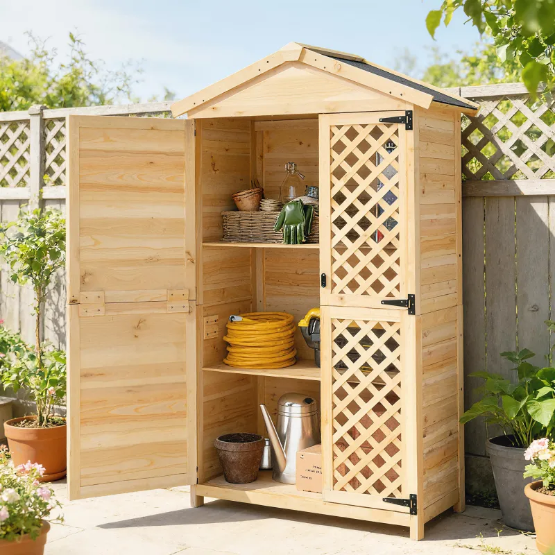 Armario de Exterior de Madera con Techo Inclinado Asfalto 2 Puertas con Pestillo 2 Estantes 101,5x49x176 cm Natural - Ogal.Es