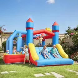 Castillo Hinchable para Niños con Soplador Tobogán Trampolín Piscina Pilar de Boxeo y Aro de Baloncesto 277x270x... - Ogal.Es