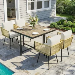 Conjunto de Mesa y Sillas Jardín de Ratán 5 Piezas con Mesa de Plástico-Madera 4 Sillas con Cojines Extraíbles B... - Ogal.Es