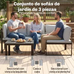 Conjunto de Jardín Exterior con Cojines 2 Sofás de 2 Plazas Reposabrazos Ajustables y Mesa de Centro de Listones... - Ogal.Es