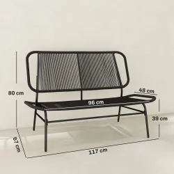 Banco Exterior de Ratán de 2 Plazas con Asiento y Respaldo Tejidos de Ratán Estructura de Acero Carga 240 kg Negro - Ogal.Es
