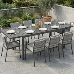 Mesa de Jardín Extensible 150/225x85x75 cm Mesa de Comedor de Aluminio con Tablero de Listones para 6-8 Personas... - Ogal.Es