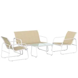 Conjunto Jardín Exterior de 4 Piezas con Sofá de 2 Plazas 2 Sillones Mesa de Vidrio Templado Tela Textilene Caqui - Ogal.Es