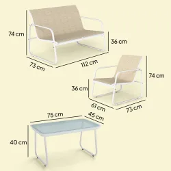 Conjunto Jardín Exterior de 4 Piezas con Sofá de 2 Plazas 2 Sillones Mesa de Vidrio Templado Tela Textilene Caqui - Ogal.Es