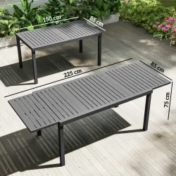 Mesa de Jardín Extensible 150/225x85x75 cm Mesa de Comedor de Aluminio con Tablero de Listones para 6-8 Personas... - Ogal.Es