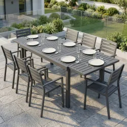 Mesa de Jardín Extensible 150/225x85x75 cm Mesa de Comedor de Aluminio con Tablero de Listones para 6-8 Personas... - Ogal.Es
