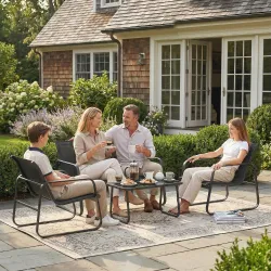 Conjunto Jardín Exterior de 4 Piezas con Sofá de 2 Plazas 2 Sillones Mesa de Vidrio Templado Tela Textilene Gris... - Ogal.Es