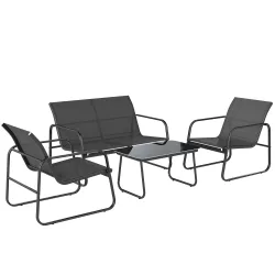 Conjunto Jardín Exterior de 4 Piezas con Sofá de 2 Plazas 2 Sillones Mesa de Vidrio Templado Tela Textilene Gris... - Ogal.Es