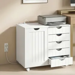 Mueble para Impresora con Estación de Carga y Ruedas 5 Cajones Puertos USB Estante Ajustable Blanco - Ogal.Es