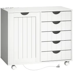 Mueble para Impresora con Estación de Carga y Ruedas 5 Cajones Puertos USB Estante Ajustable Blanco - Ogal.Es