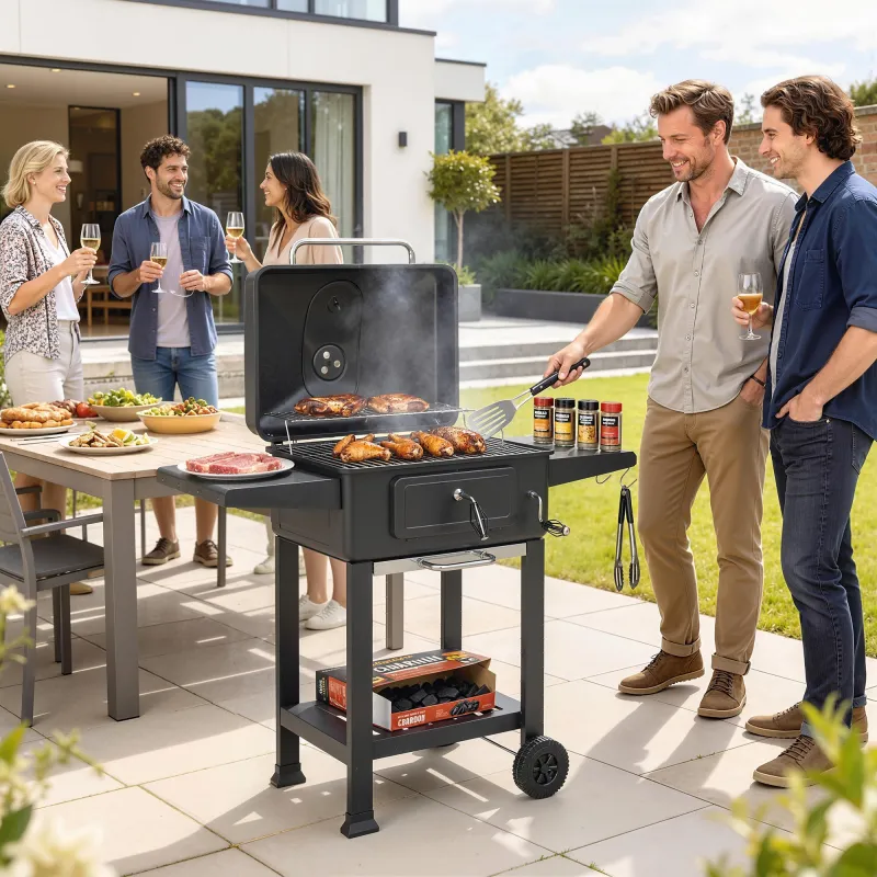 Barbacoa de Carbón con Bandeja y Ventilación Ajustable Estantes Laterales Ruedas Termómetro Tapa y Puerta - Ogal.Es