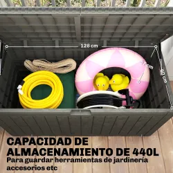 Arcón Exterior Capacidad 440L de Resina Resistente al Agua y a los Rayos UV con Tapa Bloqueable Barras de Gas Café - Ogal.Es
