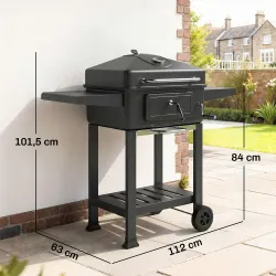 Barbacoa de Carbón con Bandeja y Ventilación Ajustable Estantes Laterales Ruedas Termómetro Tapa y Puerta - Ogal.Es
