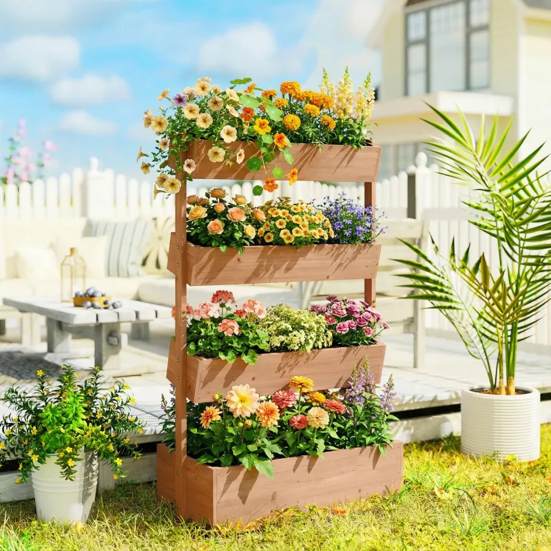 Jardinera de Madera de 4 Niveles Jardinera Elevada Exterior con Orificios de Drenaje Tela no Tejida Marrón - Ogal.Es