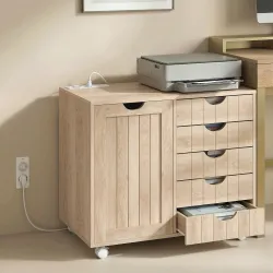 Mueble para Impresora con Estación de Carga y Ruedas 5 Cajones Puertos USB Estante Ajustable Natural - Ogal.Es
