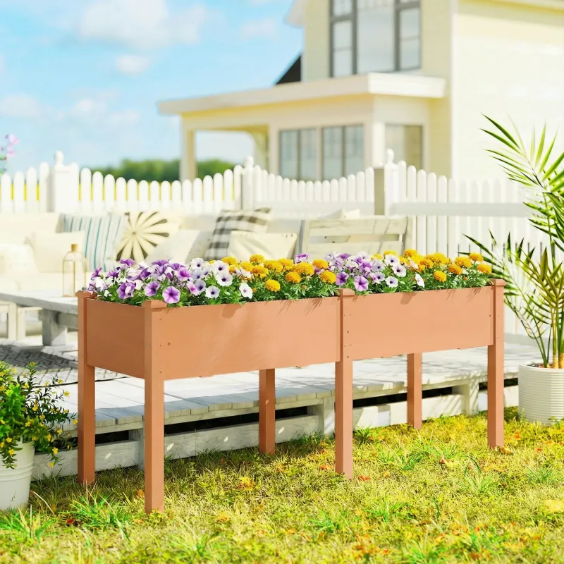 Huerto Urbano Elevado de Madera 184x59x76,5 cm con 6 Orificios de Drenaje para Cultivos Plantas Flores Marrón - Ogal.Es