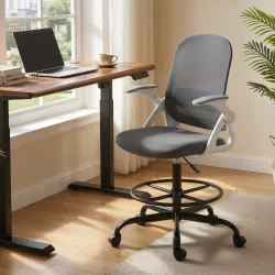 Silla de Escritorio de Malla Silla de Dibujo con Reposabrazos Abatibles Altura Ajustable Reposapiés Gris - Ogal.Es