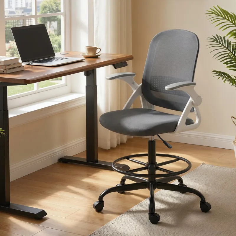 Silla de Escritorio de Malla Silla de Dibujo con Reposabrazos Abatibles Altura Ajustable Reposapiés Gris - Ogal.Es