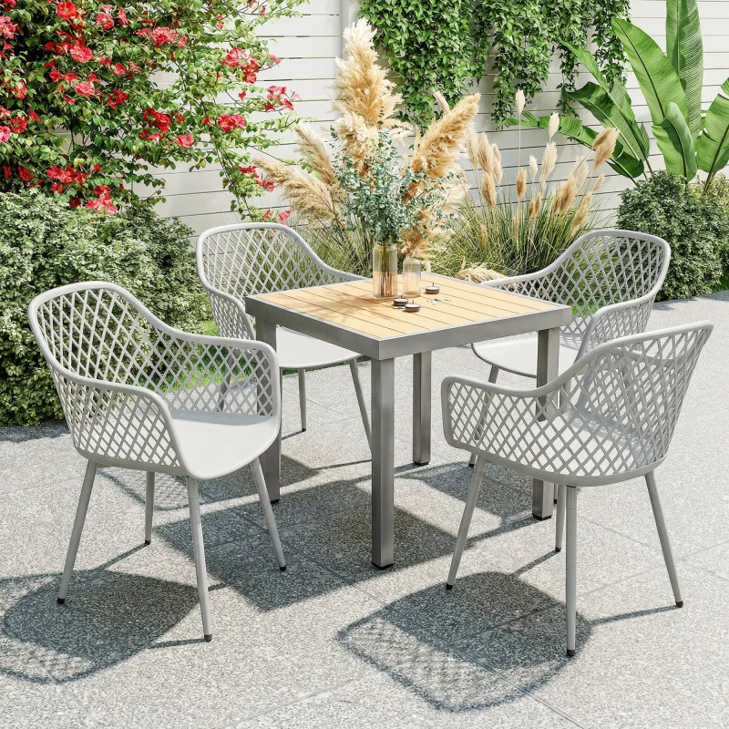 Juego de 4 Sillas de Jardín Exterior de PP con Respaldo Diamante Asiento Anti-UV Reposabrazos y Patas Metálicas ... - Ogal.Es