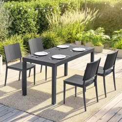 Conjunto de Mesa y Sillas Jardín con Mesa de Tablero Ranurado y 4 Sillas Apilables para Terraza Patio Gris - Ogal.Es