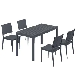 Conjunto de Mesa y Sillas Jardín con Mesa de Tablero Ranurado y 4 Sillas Apilables para Terraza Patio Gris - Ogal.Es