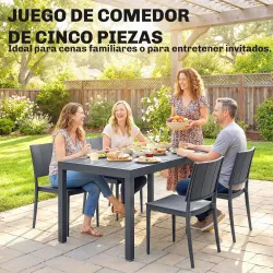 Conjunto de Mesa y Sillas Jardín con Mesa de Tablero Ranurado y 4 Sillas Apilables para Terraza Patio Gris - Ogal.Es