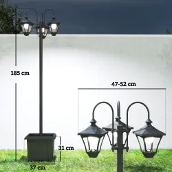 Farola Solar Exterior de Jardín con Macetero 3 Cabezales Impermeable Encendido/Apagado Automático y Altura Ajust... - Ogal.Es