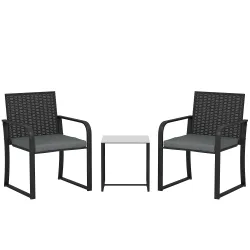 Conjunto de Muebles de Jardín de Ratán Sintético con 2 Sillas con Cojines y Mesa con Tablero de Vidrio Gris - Ogal.Es