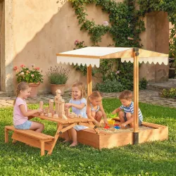 Arenero para Niños de Madera con Toldo Ajustable Mesa de Picnic con Bancos 6 Niños de 3-8 Años 184x110x120 cm Ma... - Ogal.Es