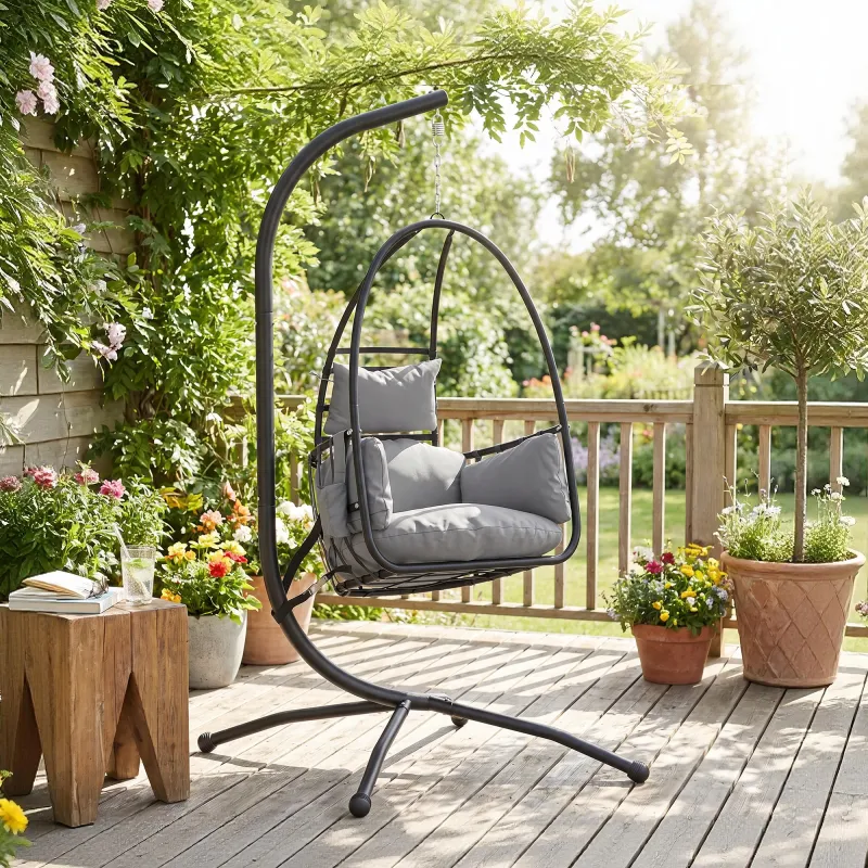 Silla Colgante Huevo con Soporte Cesta Plegable Reposacabezas Cojín Bolsillo Lateral Carga 120 kg Gris Oscuro - Ogal.Es