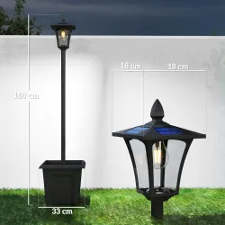 Farola Solar Exterior de Jardín con Macetero Poste de Aluminio IP44 Encendido/Apagado Automático 33x33x160 cm Negro - Ogal.Es