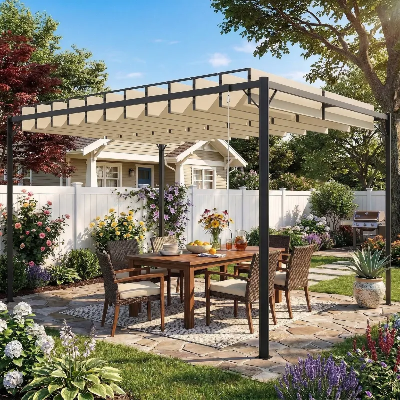 Pérgola de Jardín 3x4 m con Protección UPF 50+ Gazebo con Techo Ajustable Estructura de Metal para Exterior Crema - Ogal.Es