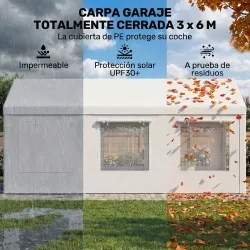 Garaje Exterior para Coche 3x6 m Impermeable de PE Resistente Marco de Acero Galvanizado Altura Ajustable Blanco - Ogal.Es