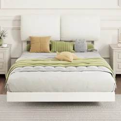 Cama Doble de 135x190 cm Somier con Cabecero Acolchado Efecto Flotante Estructura Metálica Beige - Ogal.Es