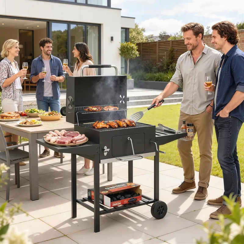 Barbacoa de Carbón con Bandeja Ajustable Estantes Plegables Ruedas Termómetro Tapa Chimenea Ventilaciones y Cesta - Ogal.Es