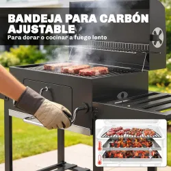 Barbacoa de Carbón con Bandeja Ajustable Estantes Plegables Ruedas Termómetro Tapa Chimenea Ventilaciones y Cesta - Ogal.Es