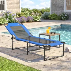 Tumbona Plegable con Respaldo Ajustable en 4 Posiciones Asas y Respaldo de Textilene Carga 120 kg 175x58x68 cm Azul - Ogal.Es
